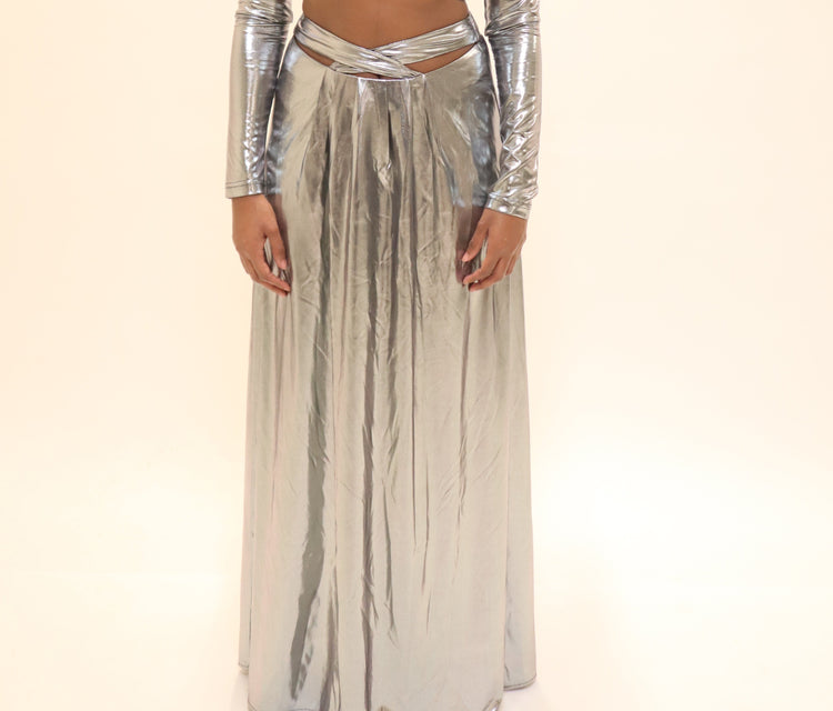 Metallic Wrap Waist Maxi Skirt