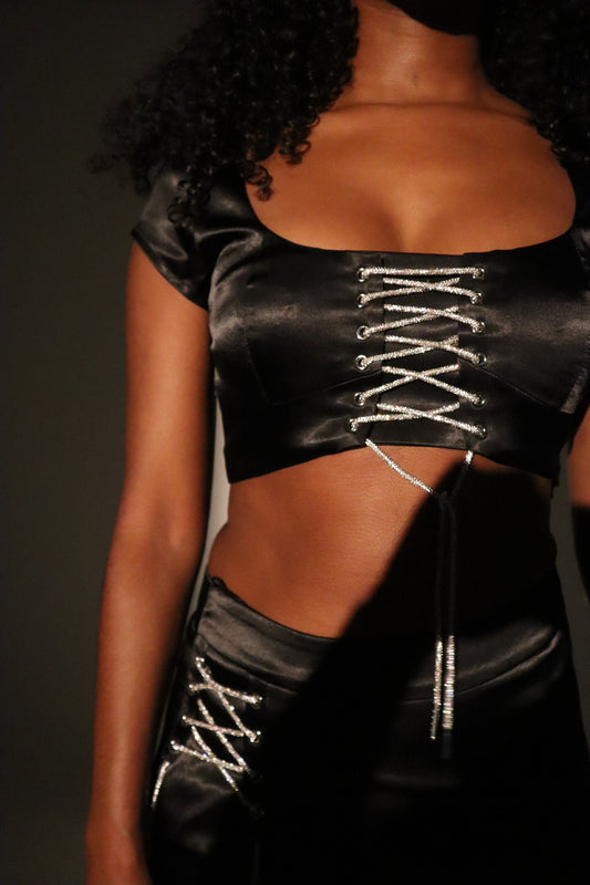 Diamante Tie Crop Top Black Co-Ord