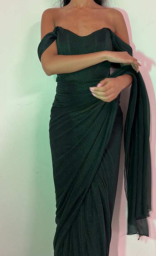 Dark Green Corset Top Glitter Saree [ Pre-Order ]