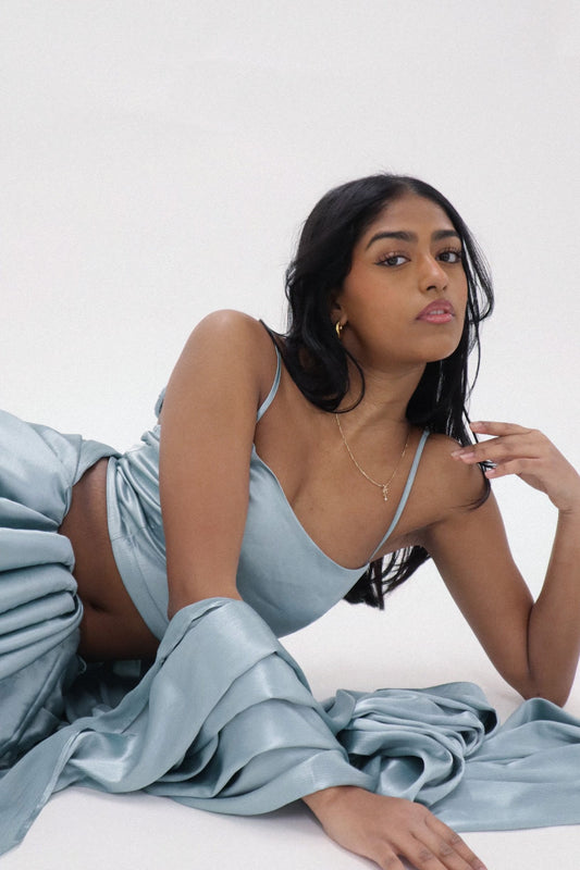 SATIN SAREE AND TOP LIGHT BLUE