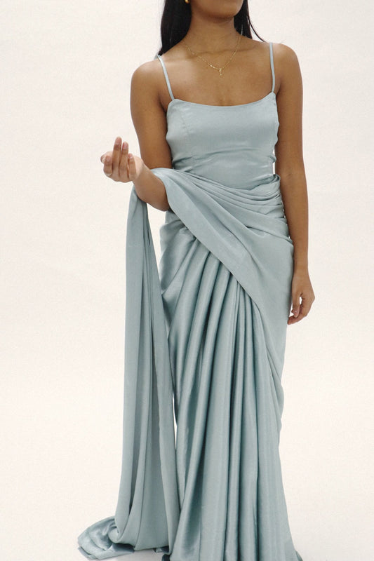 SATIN SAREE AND TOP LIGHT BLUE