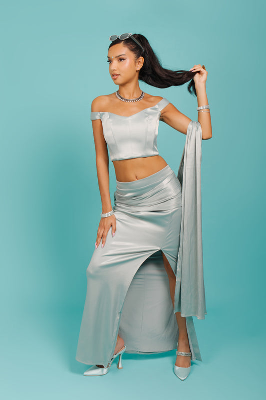 OLIVE STRETCH SATIN MAXI SKIRT WITH DRAPE FEATURE