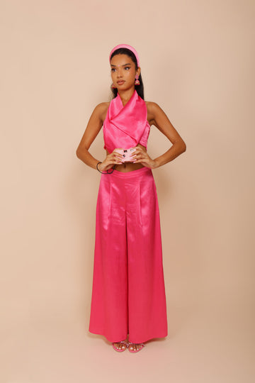 Kanya London tie back long sleeve crop top in magenta pink satin