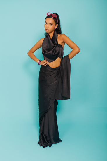 "Stunning black halter neck drape top: A chic and stylish fashion piece with a flattering silhouette, perfect for any occasion."