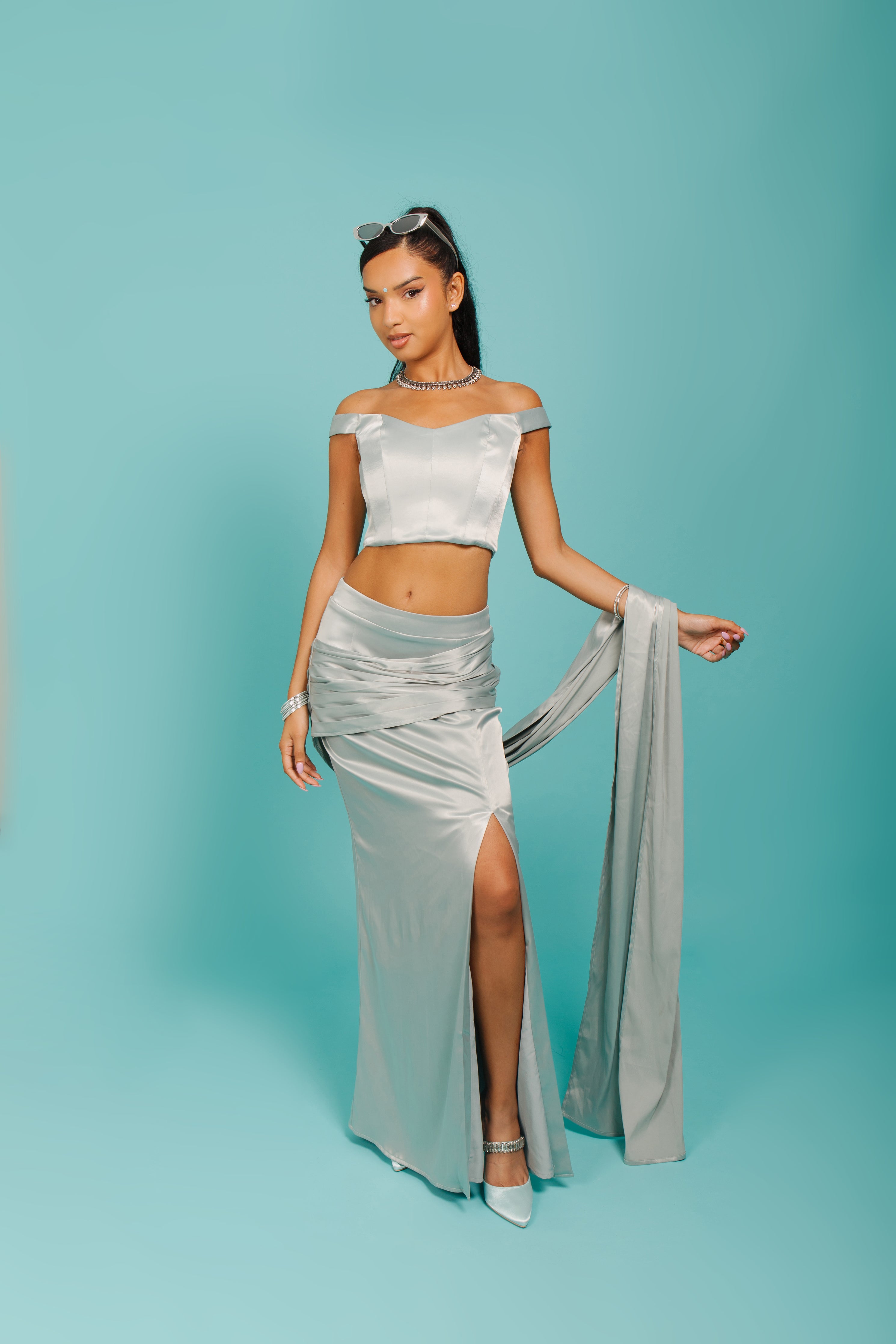 OLIVE STRETCH SATIN PANLLED CORSET OFF SHOUDLER TOP