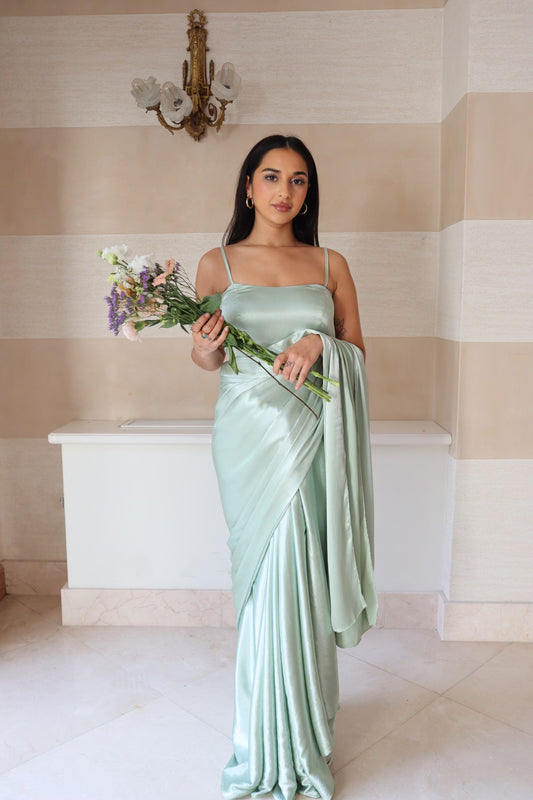 SAGE GREEN SPAGHETTI STRAP TOP AND SAREE