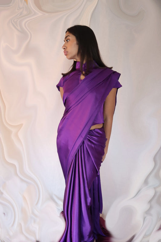 Purple mandarin collar short sleeve saree