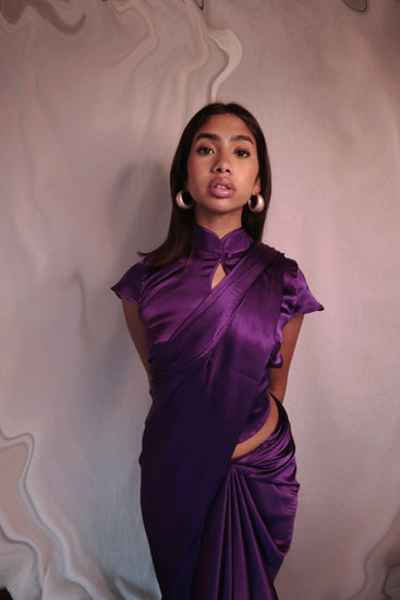 Purple mandarin collar short sleeve saree