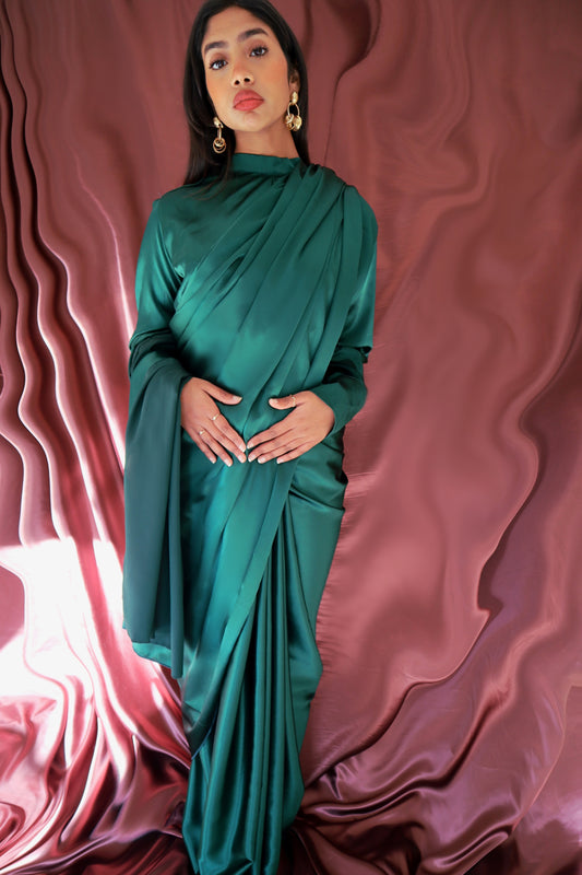 Emerald Green Long Sleeve High Neck Satin Top